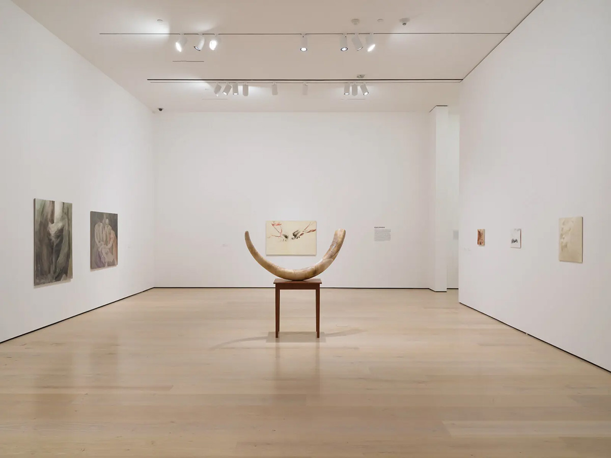 Beaux Mendes’s tusk-shaped sculpture on a plinth in the Made in L.A. 2025 installation at the Hammer Museum