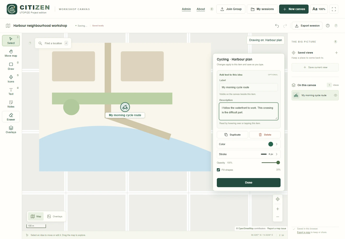 CITIZEN workshop canvas, UTOPIZE Project edition: a sample harbour site plan with a cycle route labelled “My morning cycle route” and its description editor open